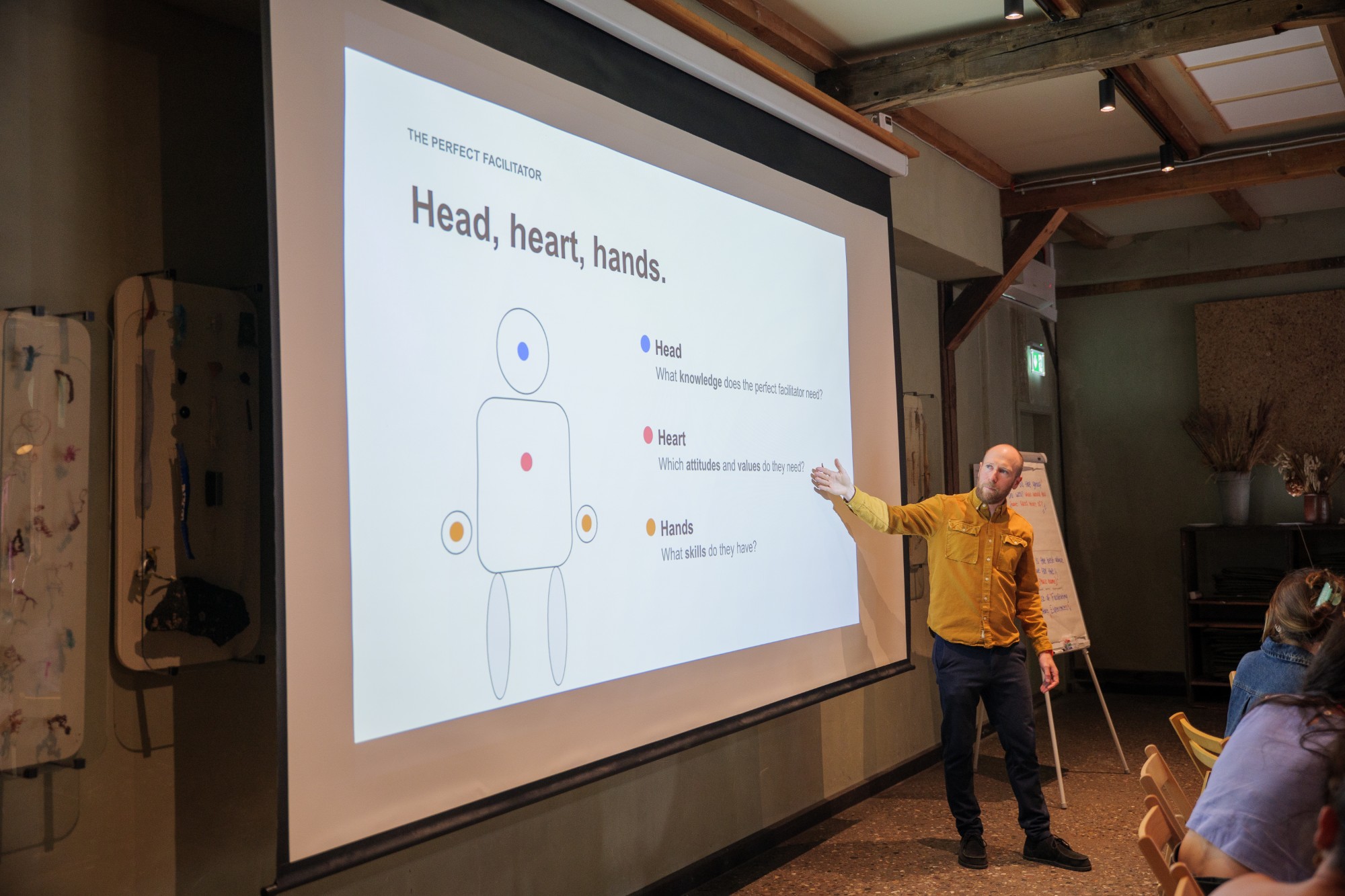 A facilitator presenting the head, heart, hands model of the perfect facilitator