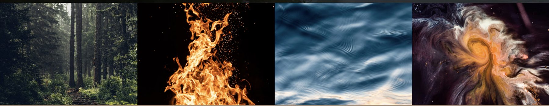The four elements: a misty forest, fire, moving water and a swirling cosmos
