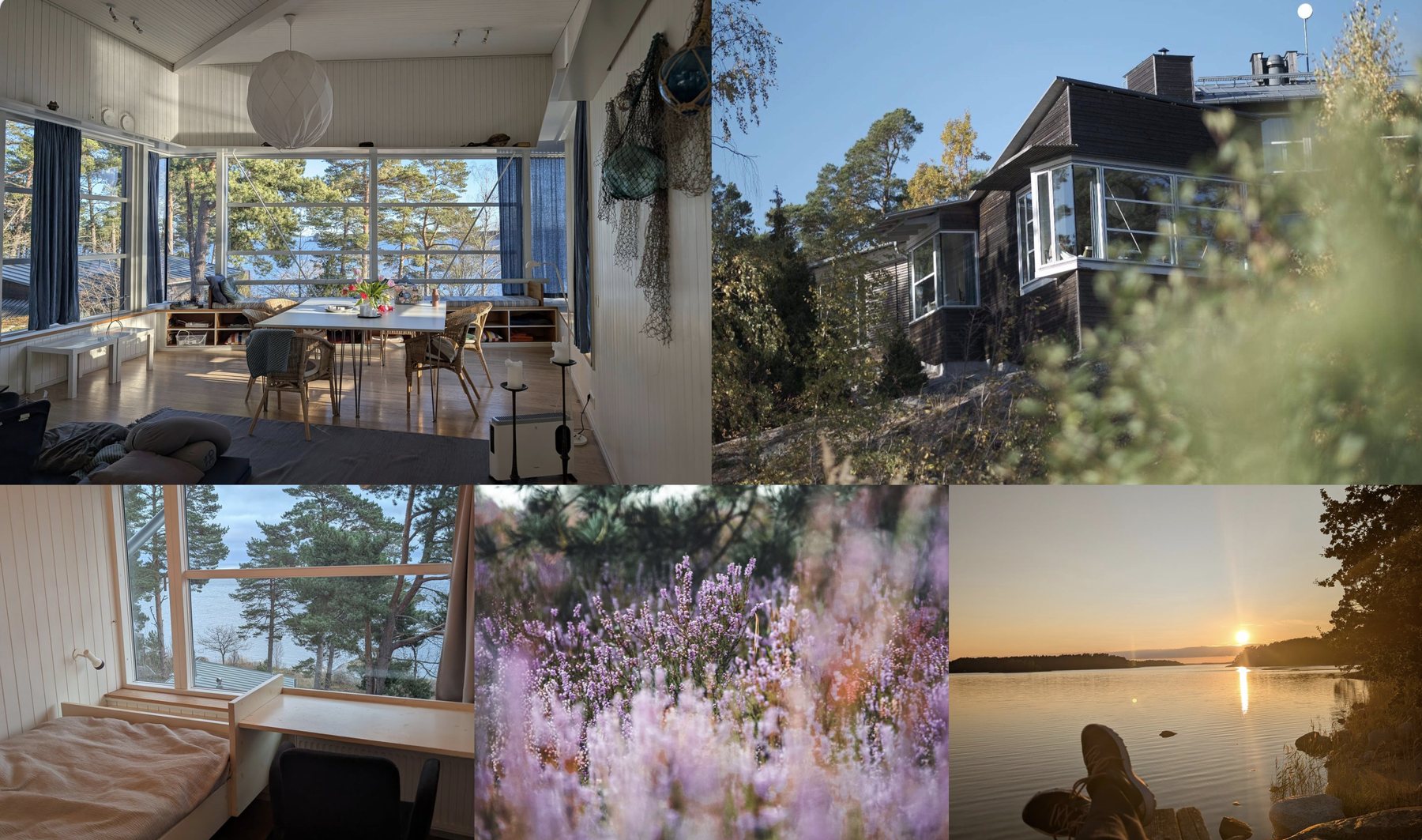 Ekskäret Island: the light-filled common room, a wooden lodge among pines, a guest room with a sea view, heather, and sunset over the water