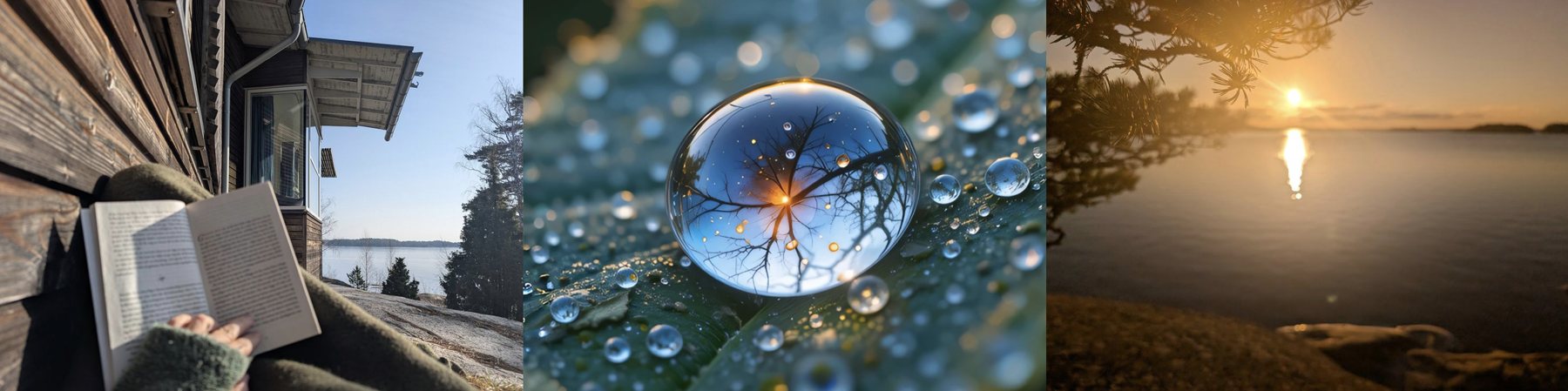 Moments from Sanctum: reading on the terrace, a dewdrop reflecting a tree, sunset over the water